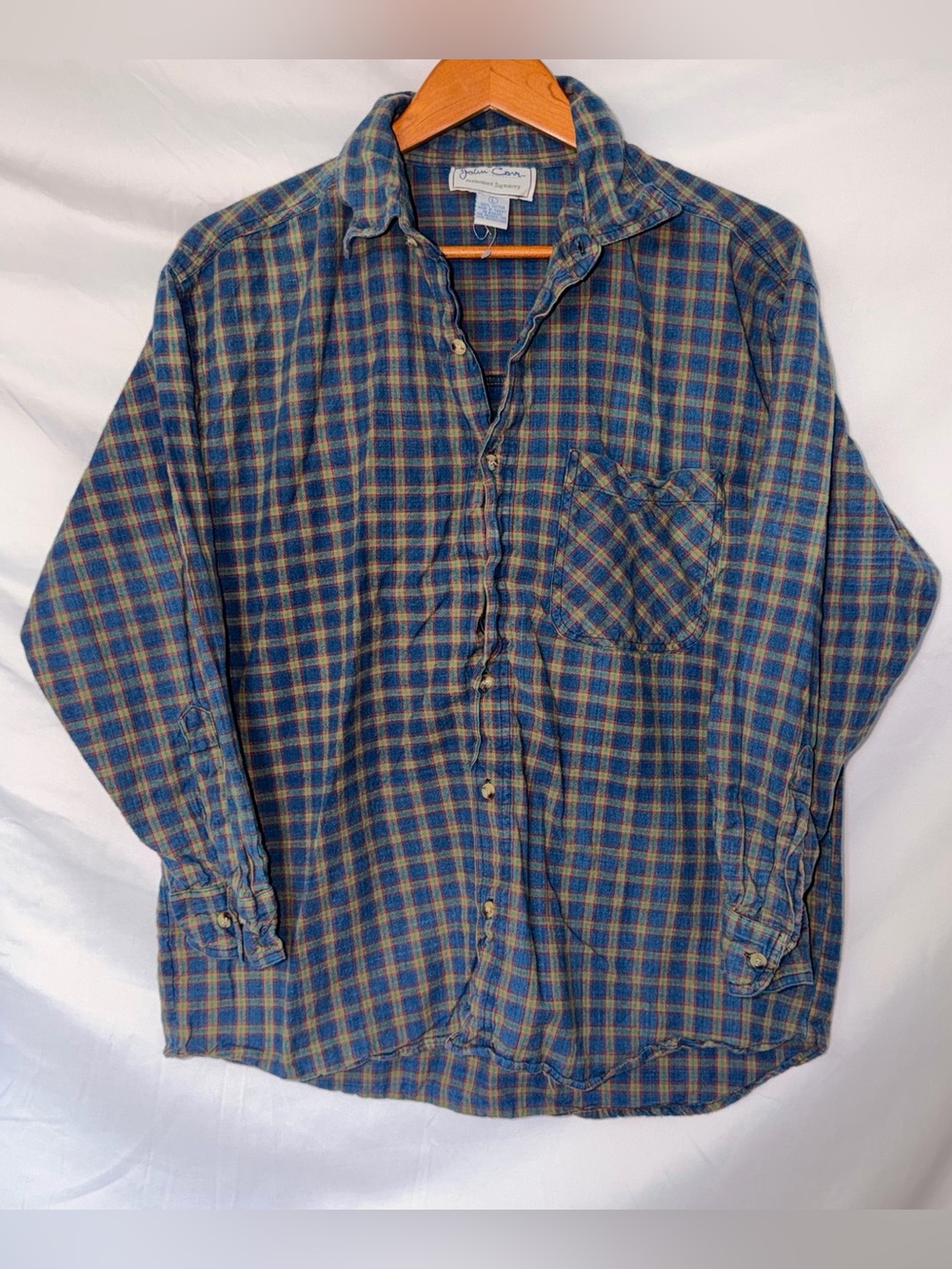 Vintage 90s John Carr Retro 100% Cotton 90s Blue Plaid Flannel Shirt Size Large